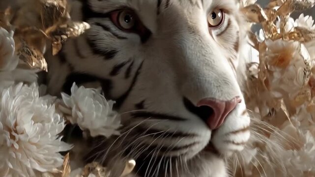 White tiger portrait with floral elements and soft lighting