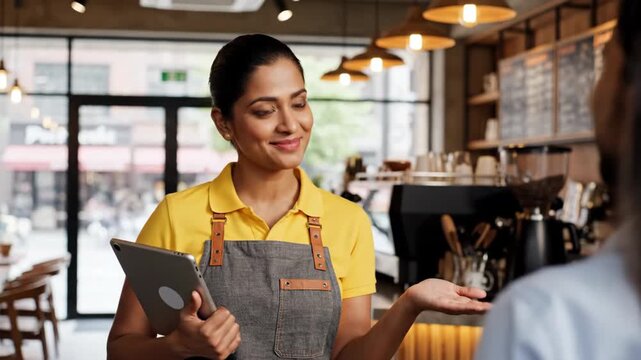 Friendly cafe worker uses tablet talking happily to customer about order.