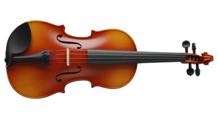 Reddish-brown classical wooden violin with blue strings, horizontally against a transparent background, product photography concept for musical instruments