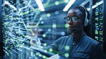 African American female IT engineer or data scientist wearing a headset and glasses actively managing and analyzing complex digital data streams and network infrastructure within a futuristic server . - Powered by Adobe