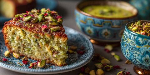 Creative food template. Slice of Pistachio cake garnished with dried rose petals, crushed nuts, crumb on ethnic decorative plate. copy text space. Long banner