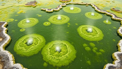 Mystical Glowing Orbs Floating Over Green Geothermal Hot Springs.