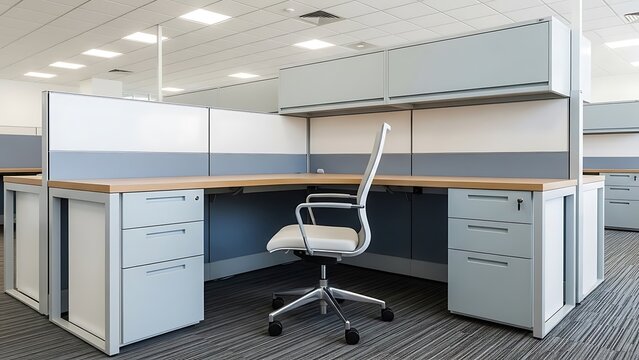 Modern office workstation with ergonomic chair and cubicles