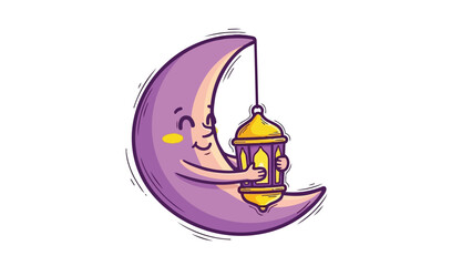 Fototapeta premium Flat vector of a kawaii style purple moon with rosy cheeks gently cradling a golden Ramadan lantern. Perfect for festive Eid greetings, children content or whimsical Islamic designs.
