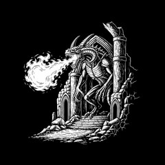 Fototapeta premium A fearsome dragon breathing fire from its mouth.