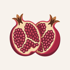 Pomegranate split open vector illustration with red seeds and fruit halves isolated on pastel background