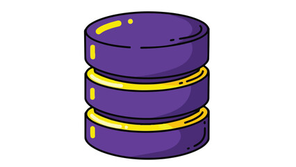 Flat vector of a stylized three tier purple database server with glowing yellow edges. Ideal for tech, data storage, cloud infrastructure or backend system design concepts.