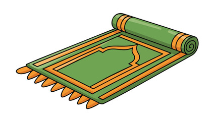 Flat vector of a traditional Islamic prayer mat rolled at one end, featuring green field, orange geometric border and tassels. Perfect for Ramadan, worship or cultural content.