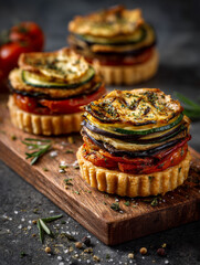 Fresh vegetable tarts on a wooden board with herbs and spices