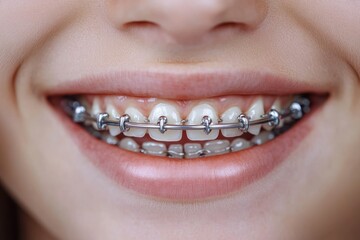 Obraz premium close-up of a smiling mouth with metal braces showing teeth and lips, cheerful confident expression