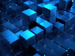 glossy blue 3d cubes forming a reflective grid with stacked elevated blocks, sharp lighting and a futuristic cool sleek mood