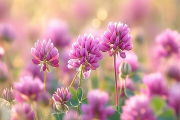 Fototapeta premium Close-up of delicate pink clover blossoms and green leaves in a sunlit dreamy meadow with soft bokeh and warm morning light evoking tranquility