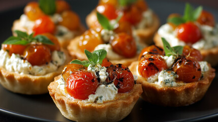 Tomato tartlets with herbs served on a black slate plate for a gourmet snack