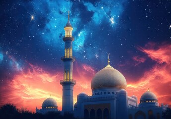 ornate mosque with golden domes and a tall illuminated minaret beneath a vivid starry nebula and fiery sunset sky, serene majestic and dreamlike atmosphere