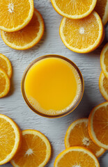 Freshly squeezed orange juice surrounded by vibrant orange slices