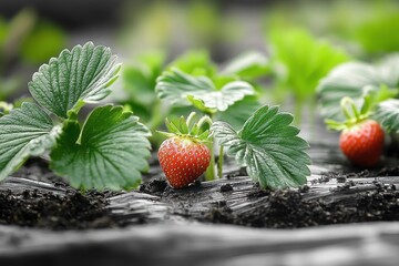 Ripe strawberry nestled among vibrant green leaves on black mulch and soil in a tranquil garden bed
