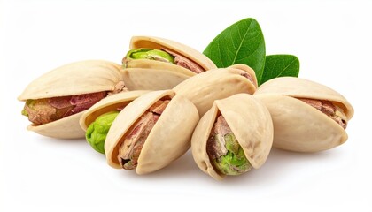 A Pile of Pistachio Nuts with Green Leaves on White