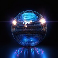 Obraz premium mirrored disco ball sphere covered in small tiles lit by blue ambient light and warm spotlights, casting colorful reflections and a festive, futuristic shimmer