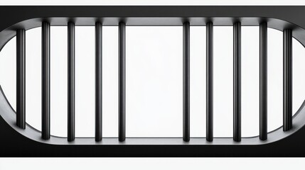 symmetrical metallic grille with evenly spaced vertical cylindrical bars in a rounded rectangular frame, minimalist monochrome composition conveying calm order
