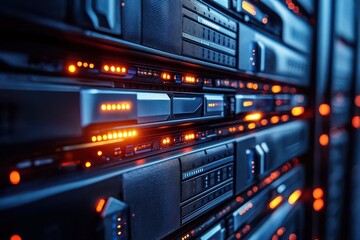 Close-up of multiple black network servers with orange LED lights glowing in a data center rack, conveying a high-tech and secure environment