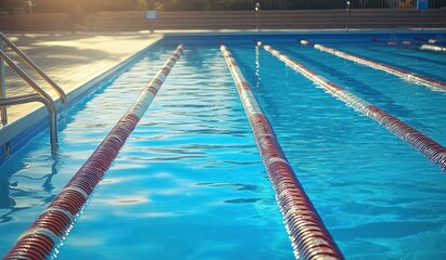 Empty outdoor lap pool with red lane ropes, metal ladder and sunlit blue water, serene and inviting morning atmosphere