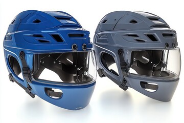 Fototapeta premium Two protective sports helmets with full face shields, one blue and one gray, standing side by side on a white reflective surface, showcasing safety and durability
