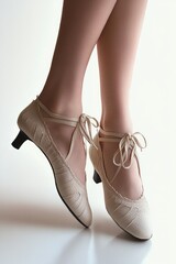 elegant poised legs in sheer tights wearing cream lace-up low-heeled shoes with ankle straps, delicate and graceful studio close-up