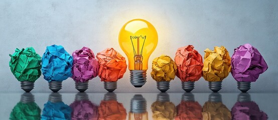 row of colorful crumpled paper shaped like light bulbs with a glowing yellow glass bulb in the center reflected on a glossy surface, evoking creativity and inspiration