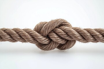 thick natural fiber rope tied in a tight knot on a clean white background conveying strength and unity