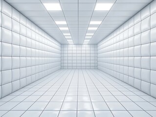 Obraz premium Empty sterile white padded room with tiled floor and ceiling lights creating a clinical and isolated atmosphere