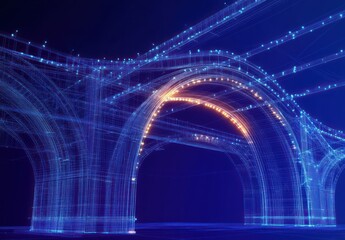 Digital 3D wireframe model of a complex multi-arched bridge structure illuminated with blue and orange glowing lines against a dark background