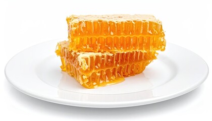 Fresh Natural Golden Honeycomb Slices Stacked On A Simple White Plate