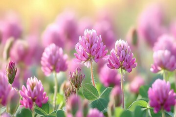 soft sunlit pink clover blossoms in a dreamy meadow with green leaves and warm bokeh, peaceful gentle spring scene