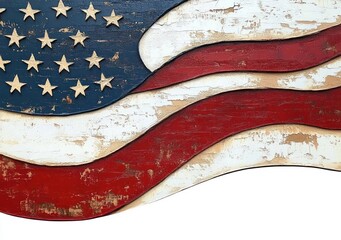 Obraz premium weathered painted wooden panel with carved stars and wavy red and white stripes evoking a nostalgic patriotic feeling