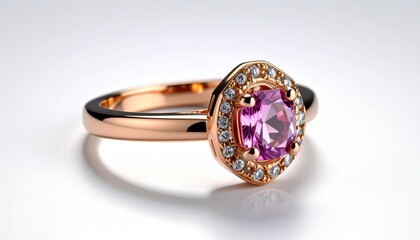 Elegant Rose Gold Ring With Pink Sapphire Center Stone And Diamond Halo Accents