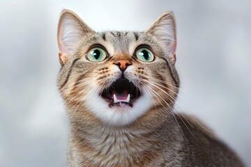 close-up of a surprised or curious tabby cat with green eyes and open mouth against a neutral background