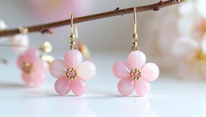 Elegant pink flower earrings hanging from a blooming tree branch