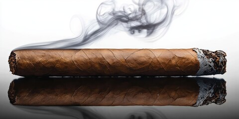 smoldering hand-rolled cigar with curling grey smoke, ash tip and perfect reflection on a glossy surface evoking calm sophistication