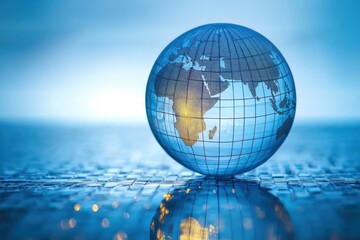 Transparent glass globe showing world map with emphasis on Africa and reflection on glossy surface under cool blue light