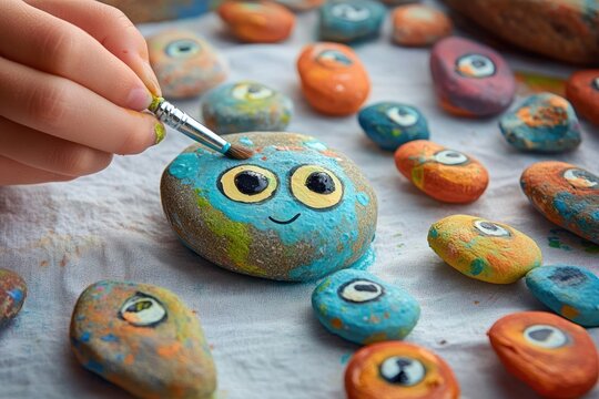 small hand painting a colorful smiling pebble with big eyes among other painted rocks, playful creative crafting scene
