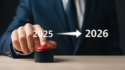 Businessman Pressing Red Start Button 2025 to 2026 Change.
