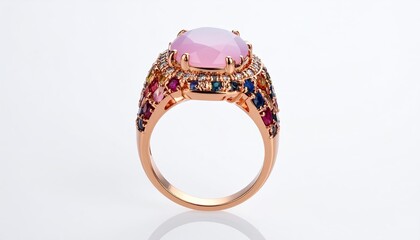 Elegant Rose Gold Ring With Large Pink Gemstone And Multicolor Jewels