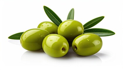 Fresh organic green olives with leaves isolated on a plain white background