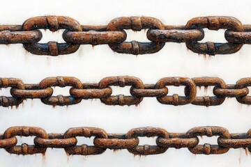 three horizontal rusted metal chains on a white background showing corroded texture and a sense of strength and weathered resilience