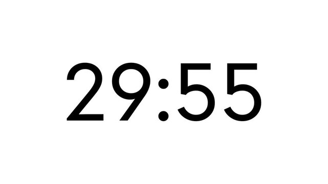 Modern countdown timer from 30 minute to 29 minute on white background suitable for presentations, productivity, educational content, and more