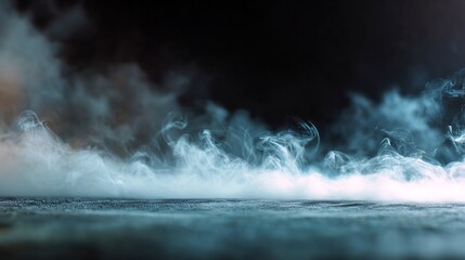 Dark background soft white smoke fog along bottom edge dramatic cinematic atmosphere empty copy space