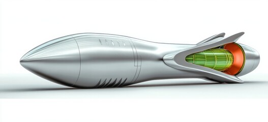 sleek silver futuristic propulsion pod with exposed glowing green core and orange ring, aerodynamic fins on a minimal white background conveying clinical precision and intrigue