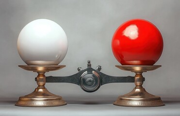 Antique brass balance scale holding a glossy white sphere on the left and a glossy red sphere on the right, conveying contrast, tension and measured equilibrium