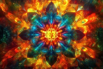 Vibrant symmetrical mandala with fiery orange, yellow, blue, and green petals radiating from a glowing center, evoking energy and warmth