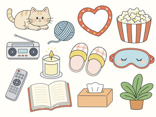 Cozy Home and Relaxation Illustration Set with Cute Cat